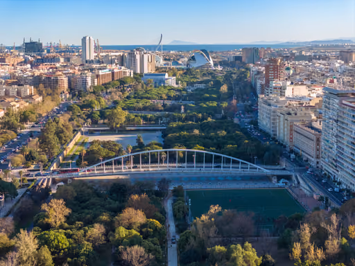 Vista de un parque urbano frondoso y extenso que representa el Jardín del Turia en Valencia.